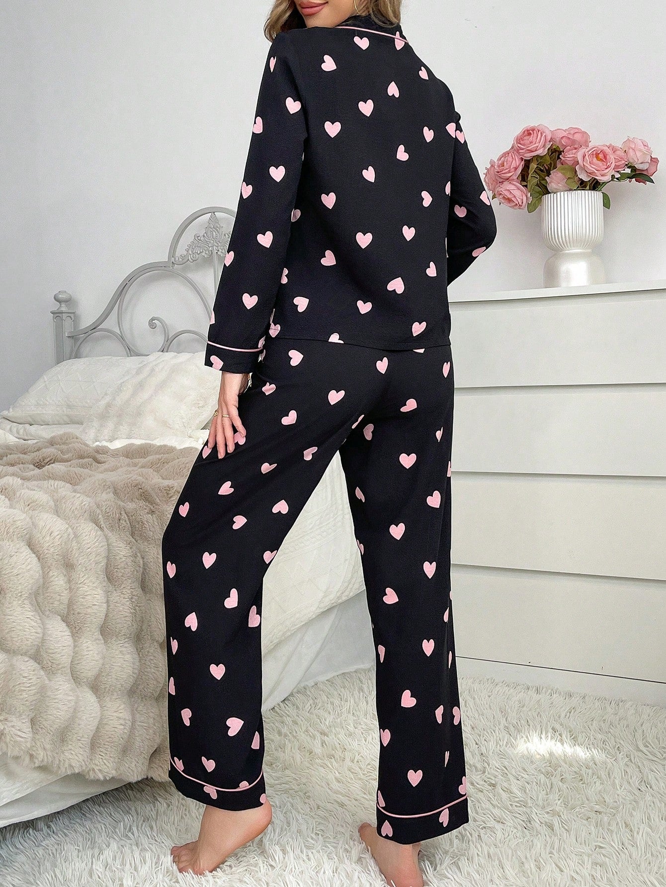 Midnight Love Heart Print Pajama Set