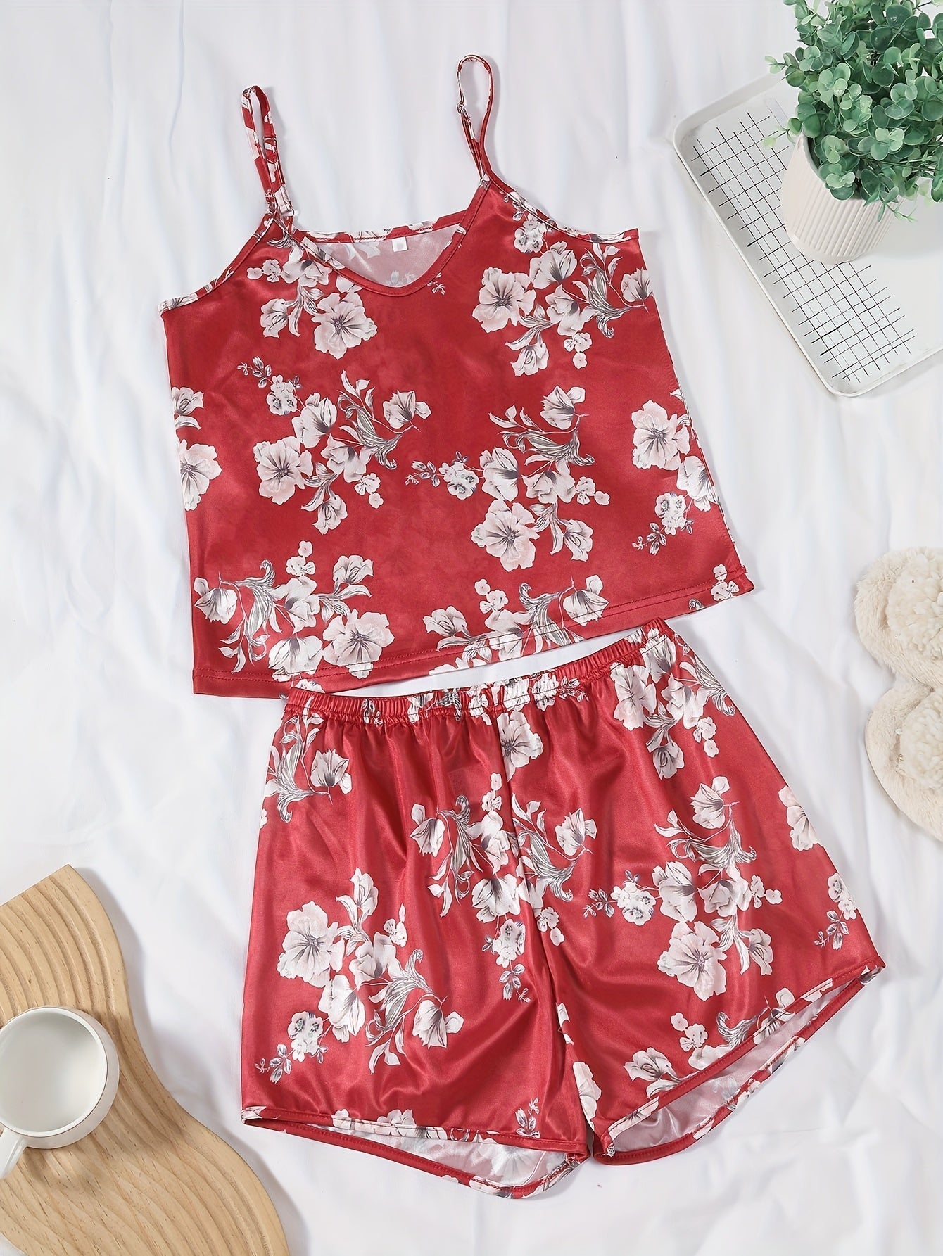 Womenβs Premium Satin Cami Nightwear Set β Pack of 3 (Red, Grey & White Floral)