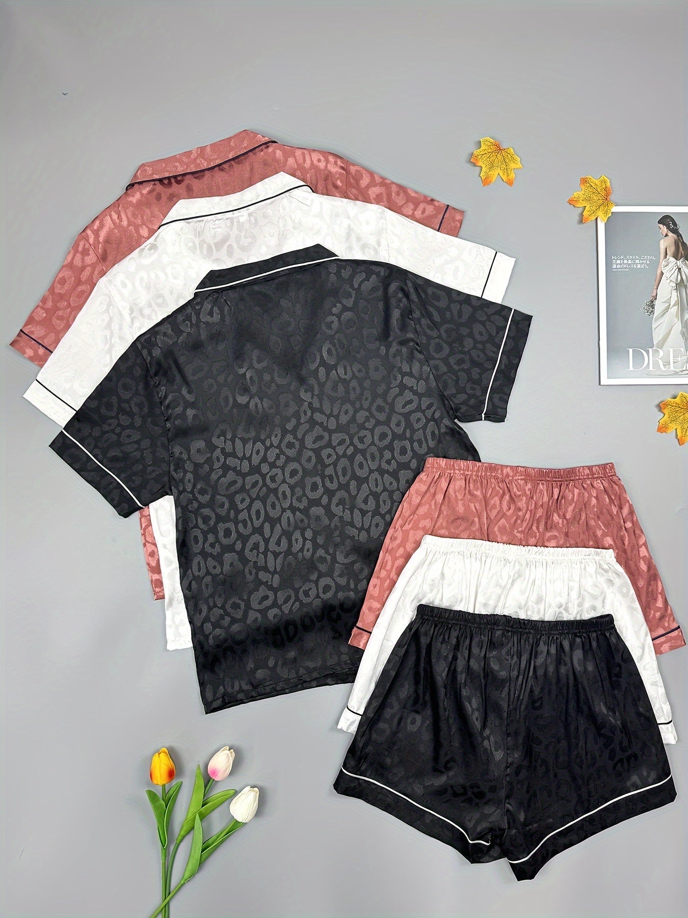 Womenβs Premium Jacquard Satin Night Suit Set β Pack of 3 (Black, White & Rose Pink)