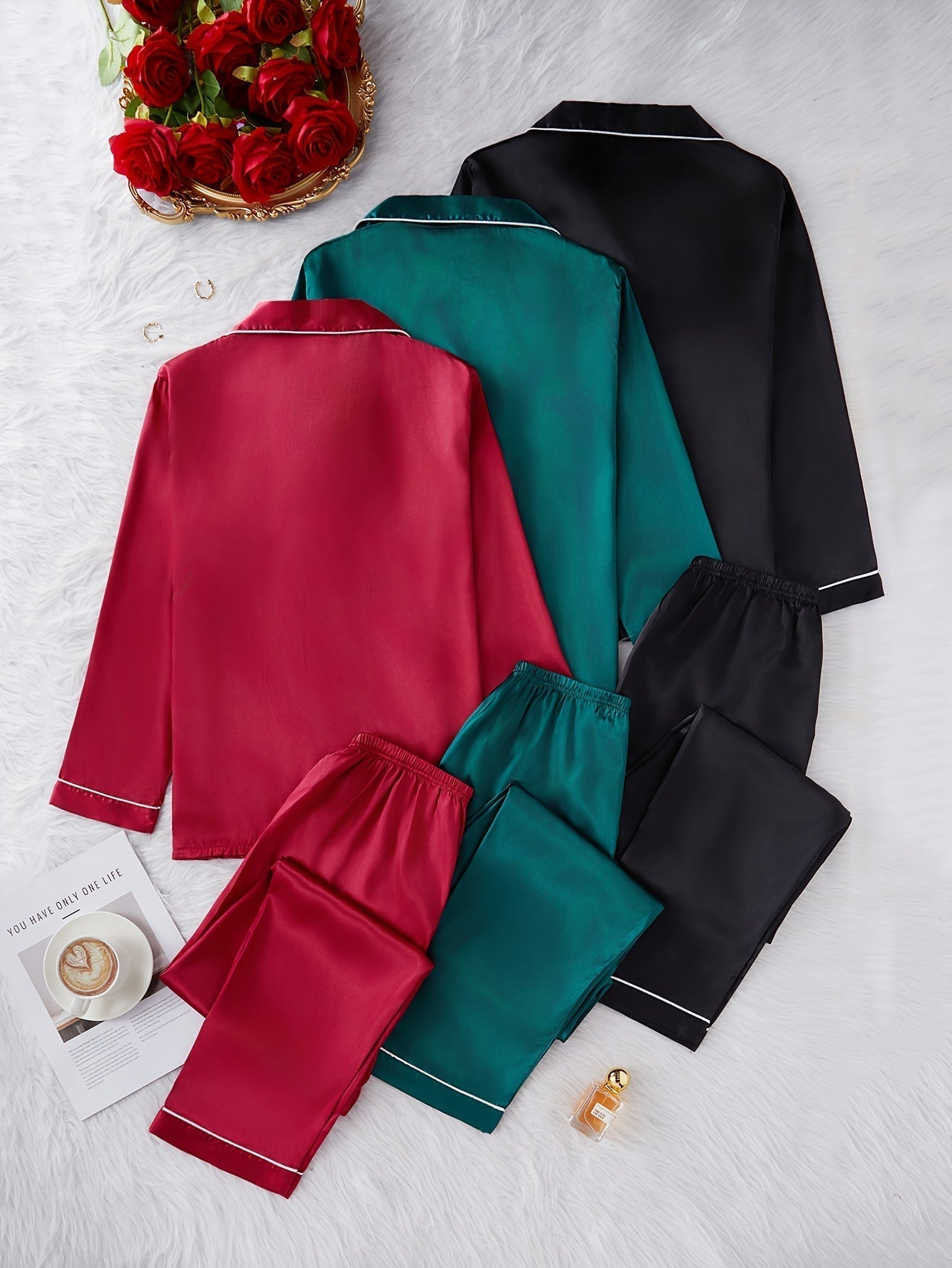Womenβs Premium Satin Night Suit Set β Pack of 3 (Wine Red, Teal Green & Black)