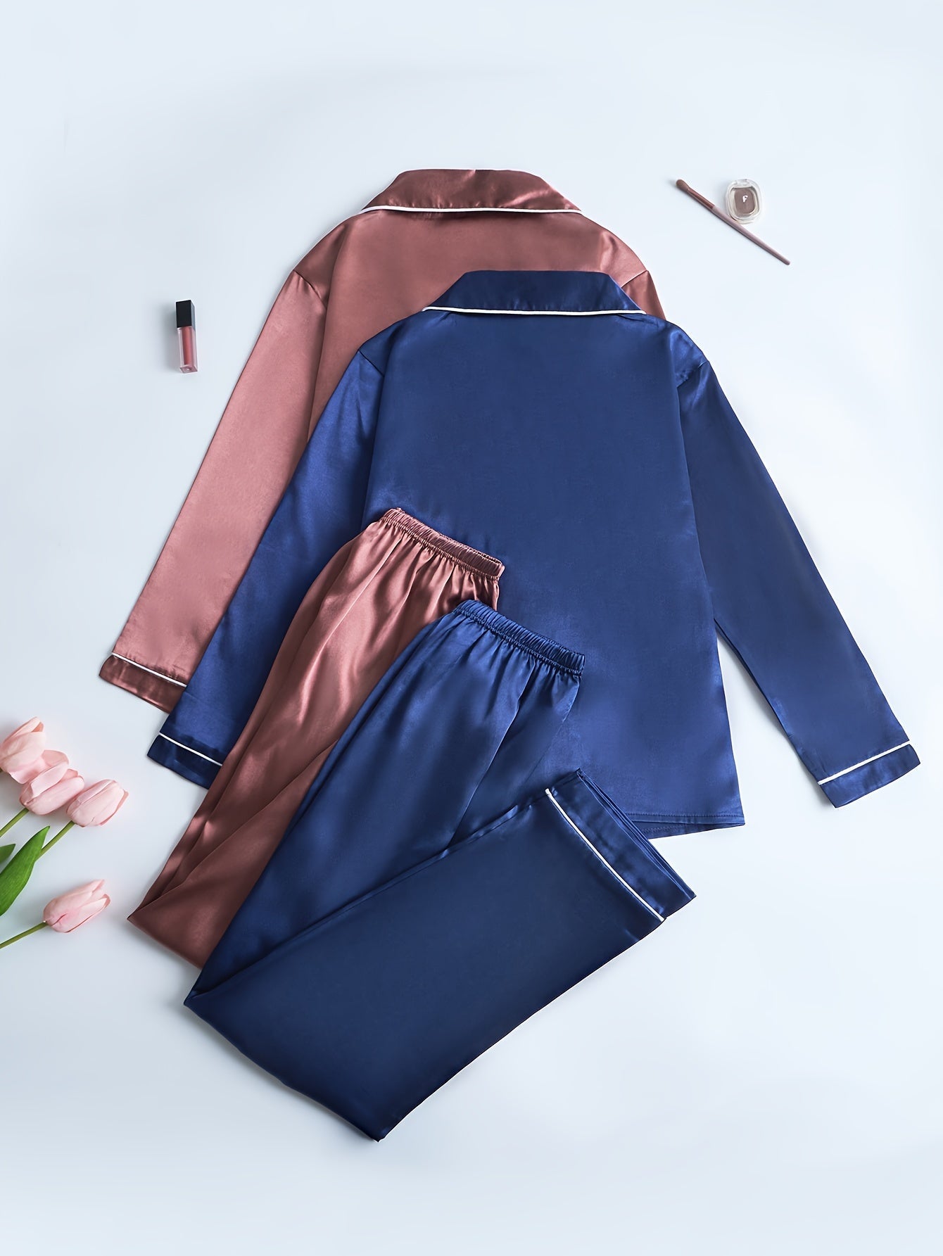 Womenβs Premium Satin Night Suit Set β Pack of 2 (Royal Blue & Rose Brown)