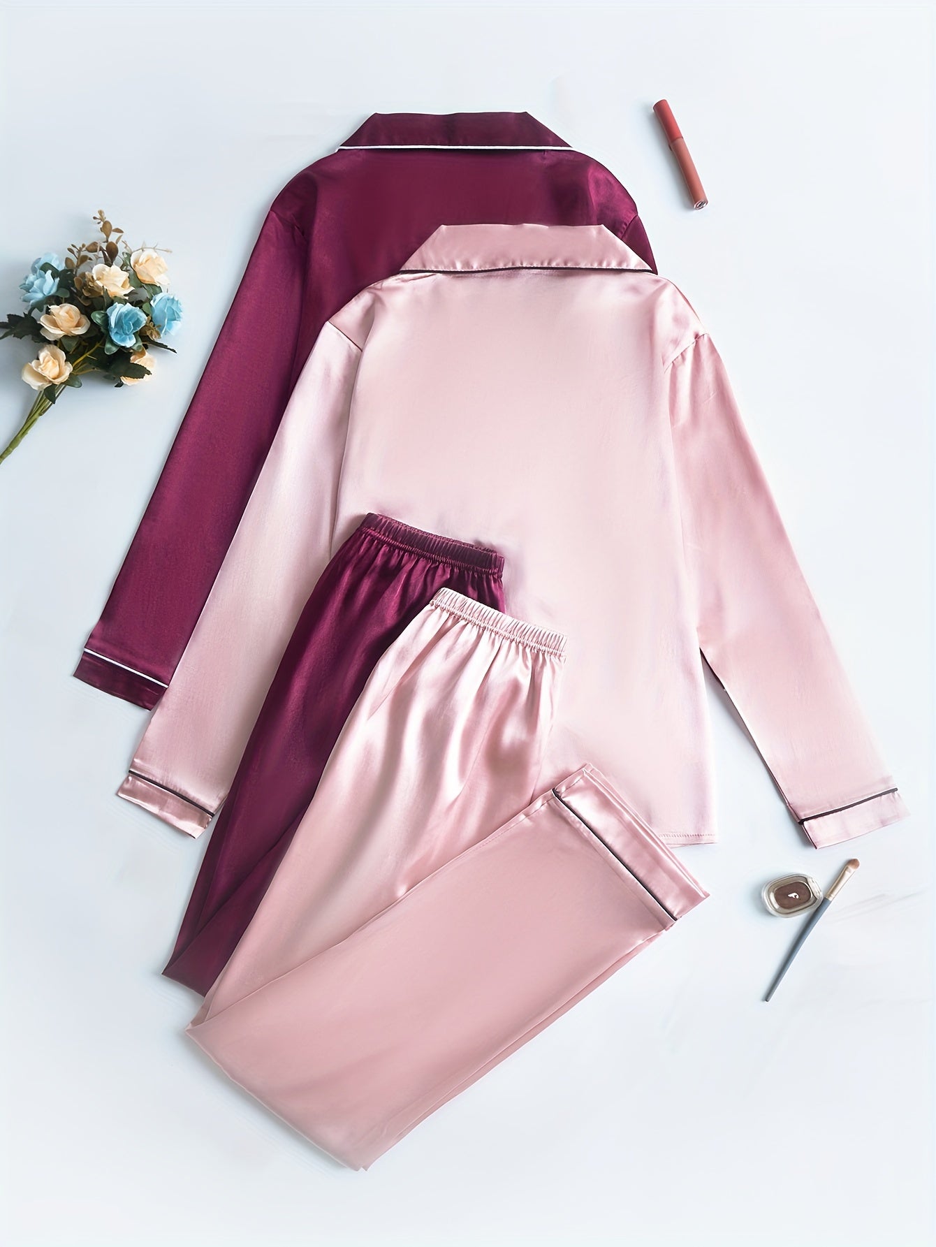 Womenβs Premium Satin Night Suit Set β Pack of 2 (Blush Pink & Wine)