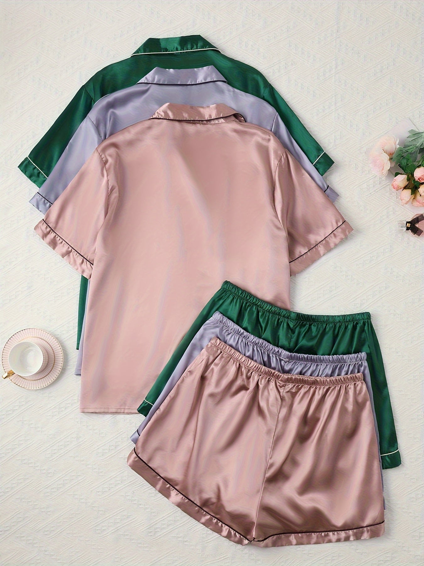 Womenβs Premium Satin Night Suit Set β Pack of 3 (Rose Gold, Lavender & Emerald Green)