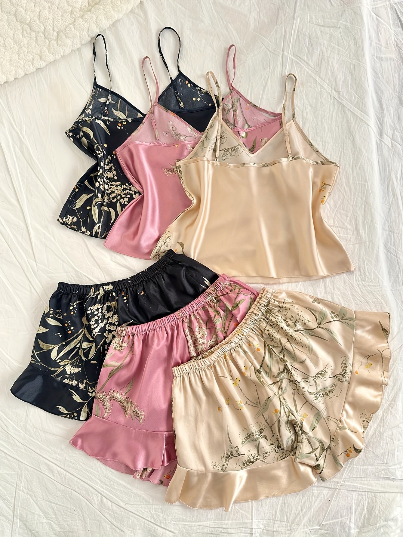 Womenβs Premium Satin Cami Nightwear Set β Pack of 3 (Black, Pink & Beige Floral)