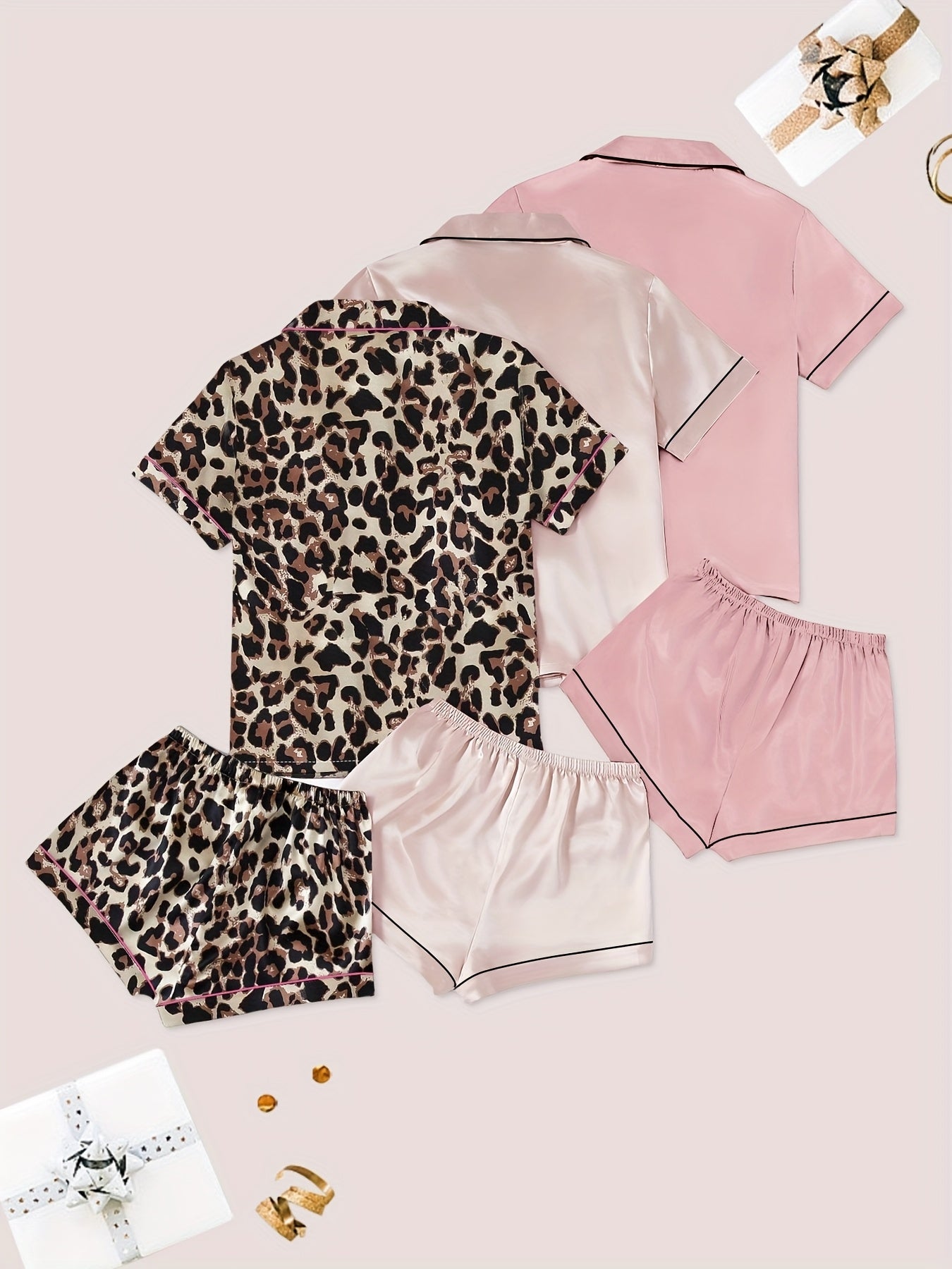Womenβs Premium Satin Night Suit Set β Pack of 3 (Leopard, Light Pink & Nude Pink)