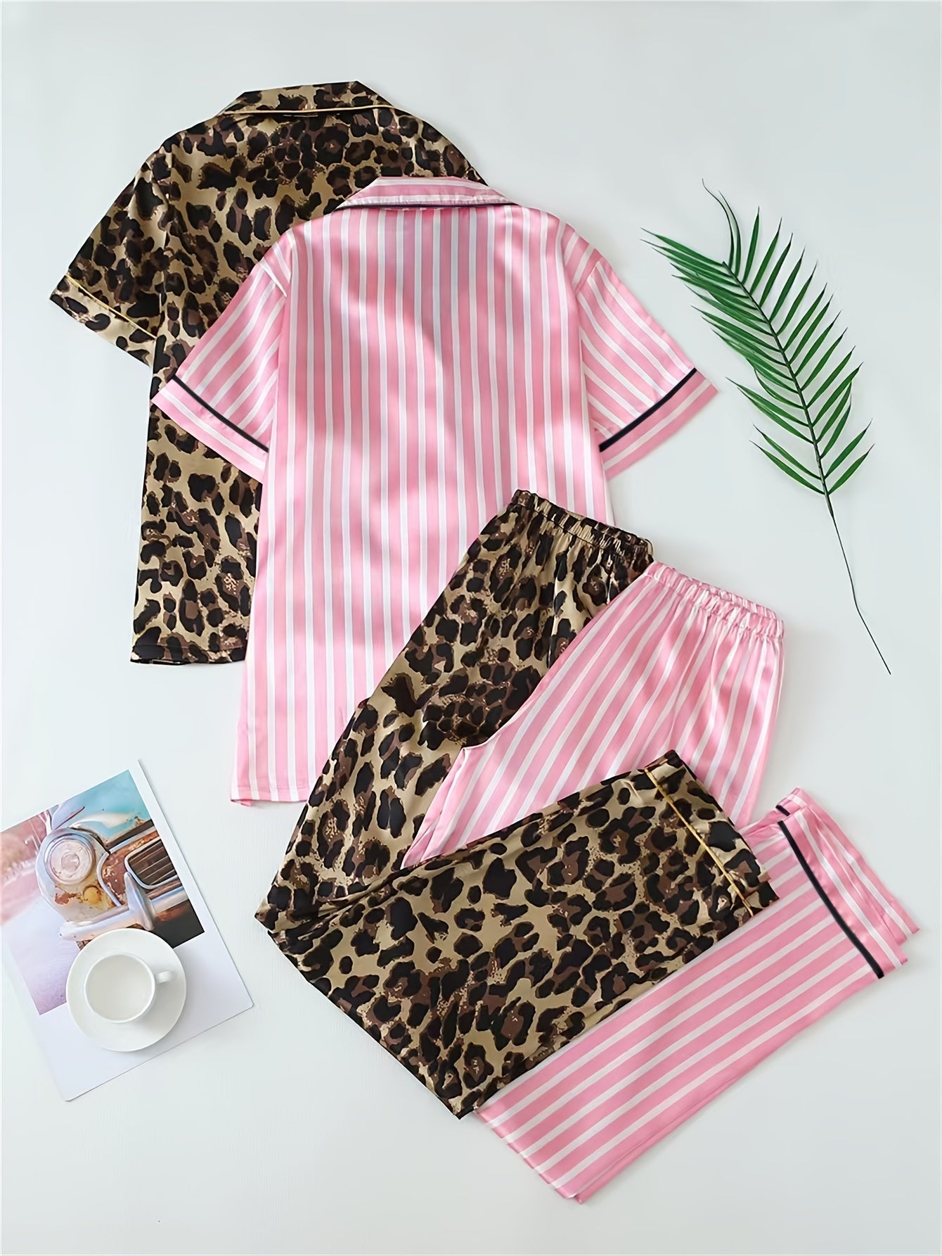 Womenβs Satin Nightwear Combo Set β Leopard & Pink Stripe Pajama Pair