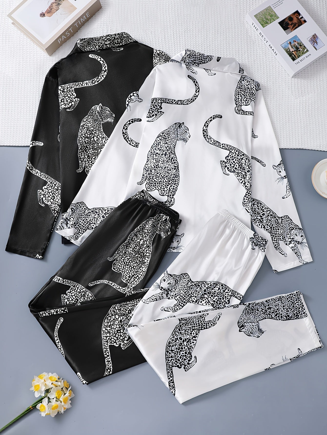 Womenβs Premium Satin Night Suit Set β Pack of 2 (Black & White Leopard Print)