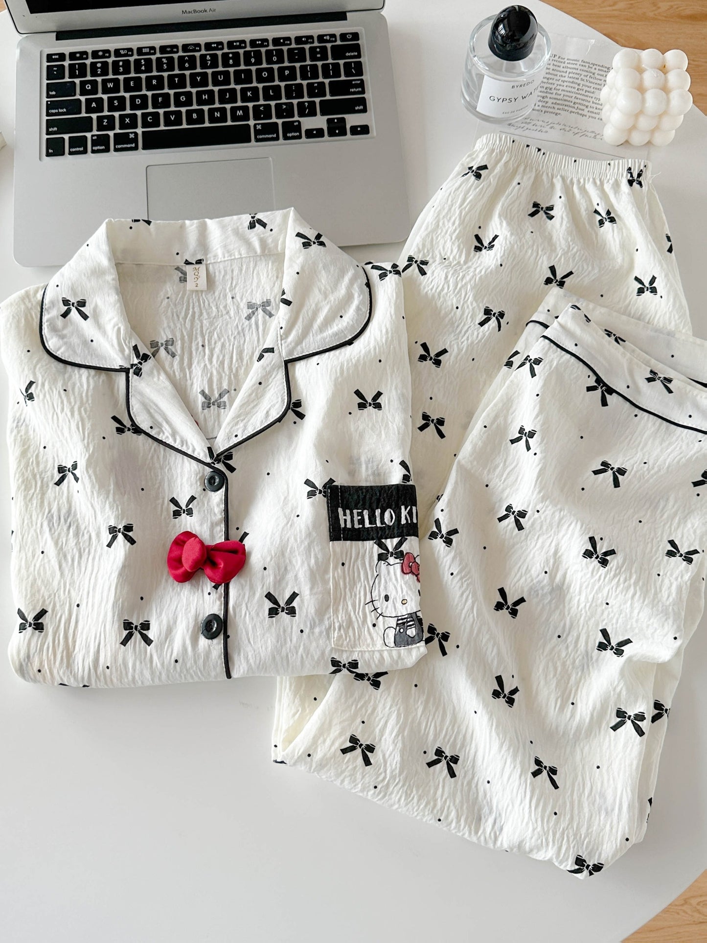 Bow Charm 3-Piece Cotton Pajama Set 🎀✨ – Shirt, Shorts & Pants