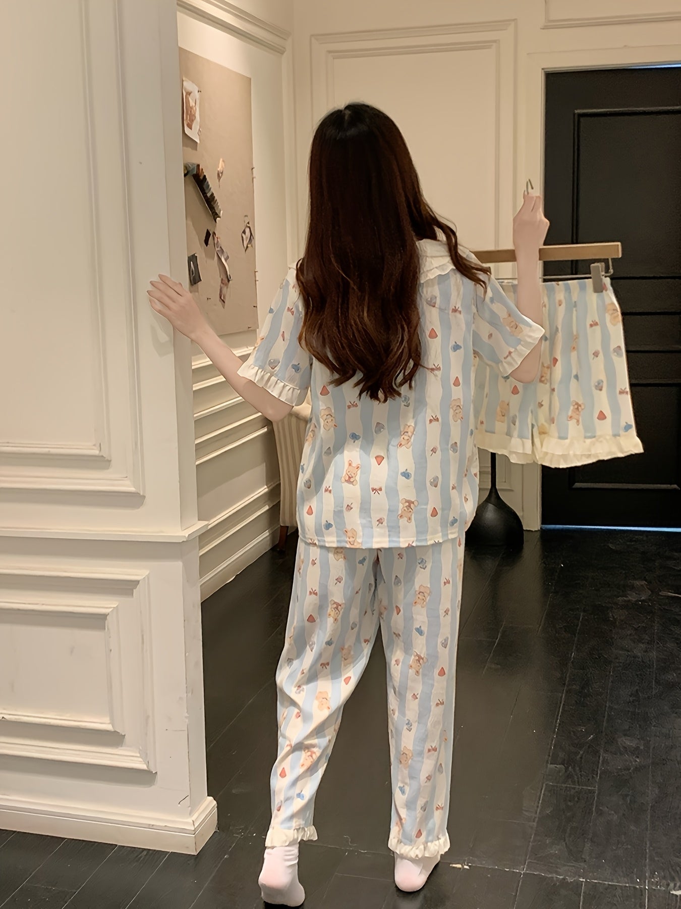 Bunny Stripe Frill 3-Piece Cotton Pajama Set 🐰💙