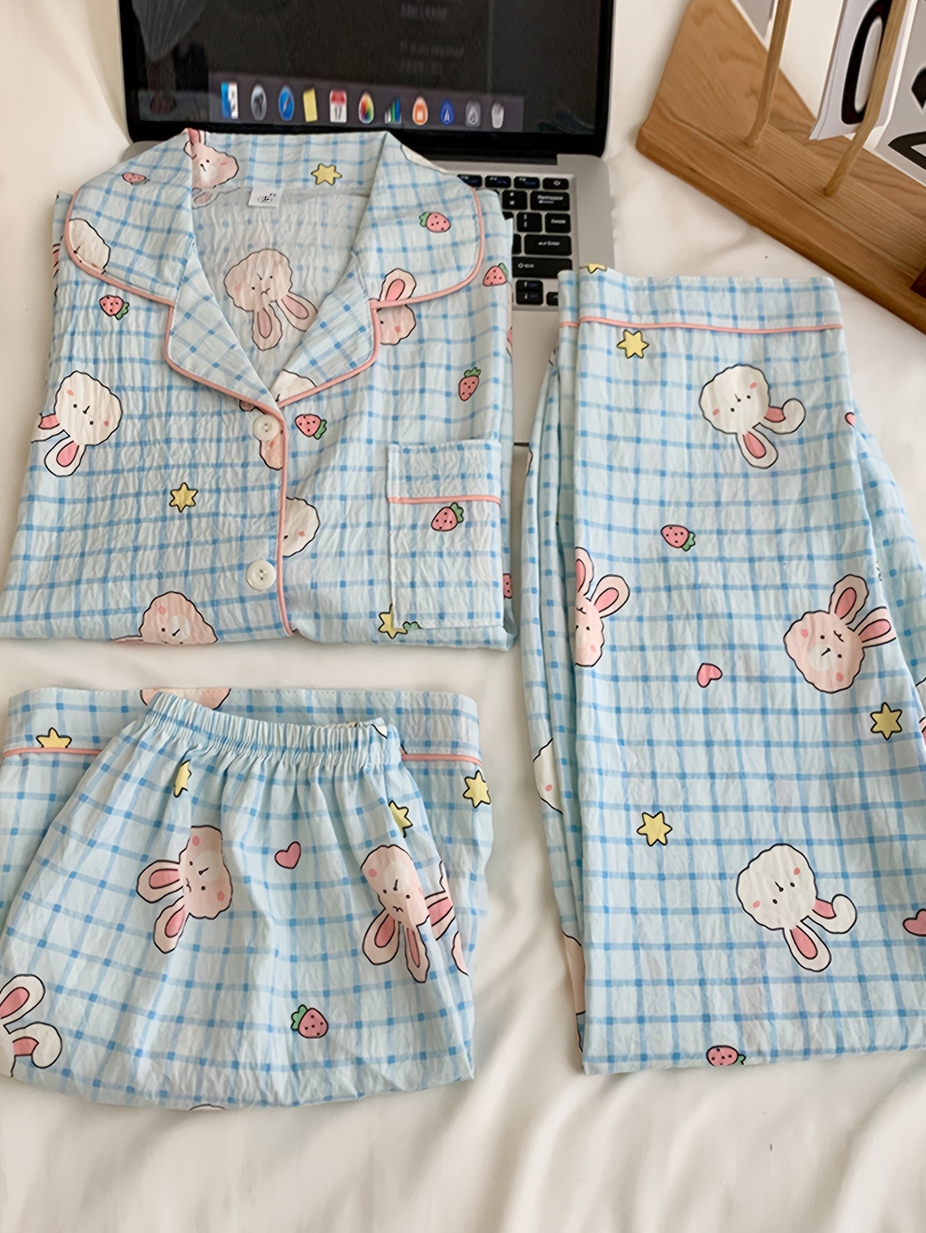 Bunny Bliss 3-Piece Cotton Pajama Set 🐰💙 – Shirt, Shorts & Pants (Copy)