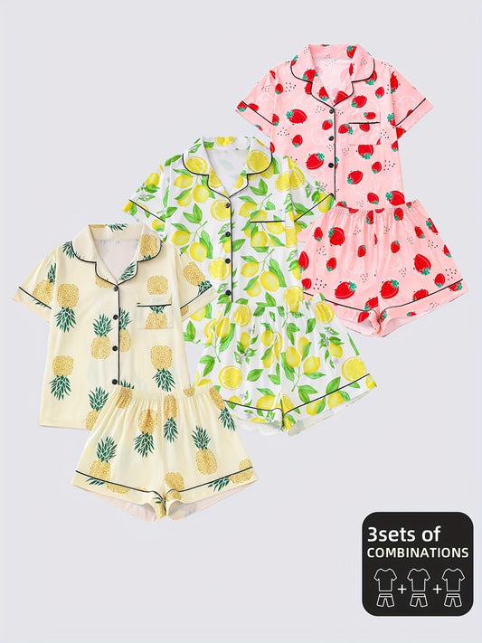 Fruit Print Pajama Shorts Set – Pack of 3