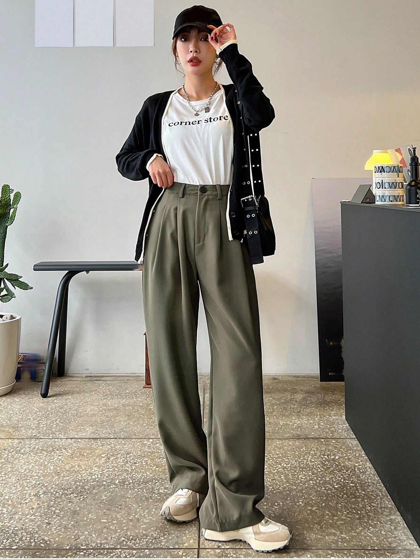 Olive Aura Wide-Leg Trousers