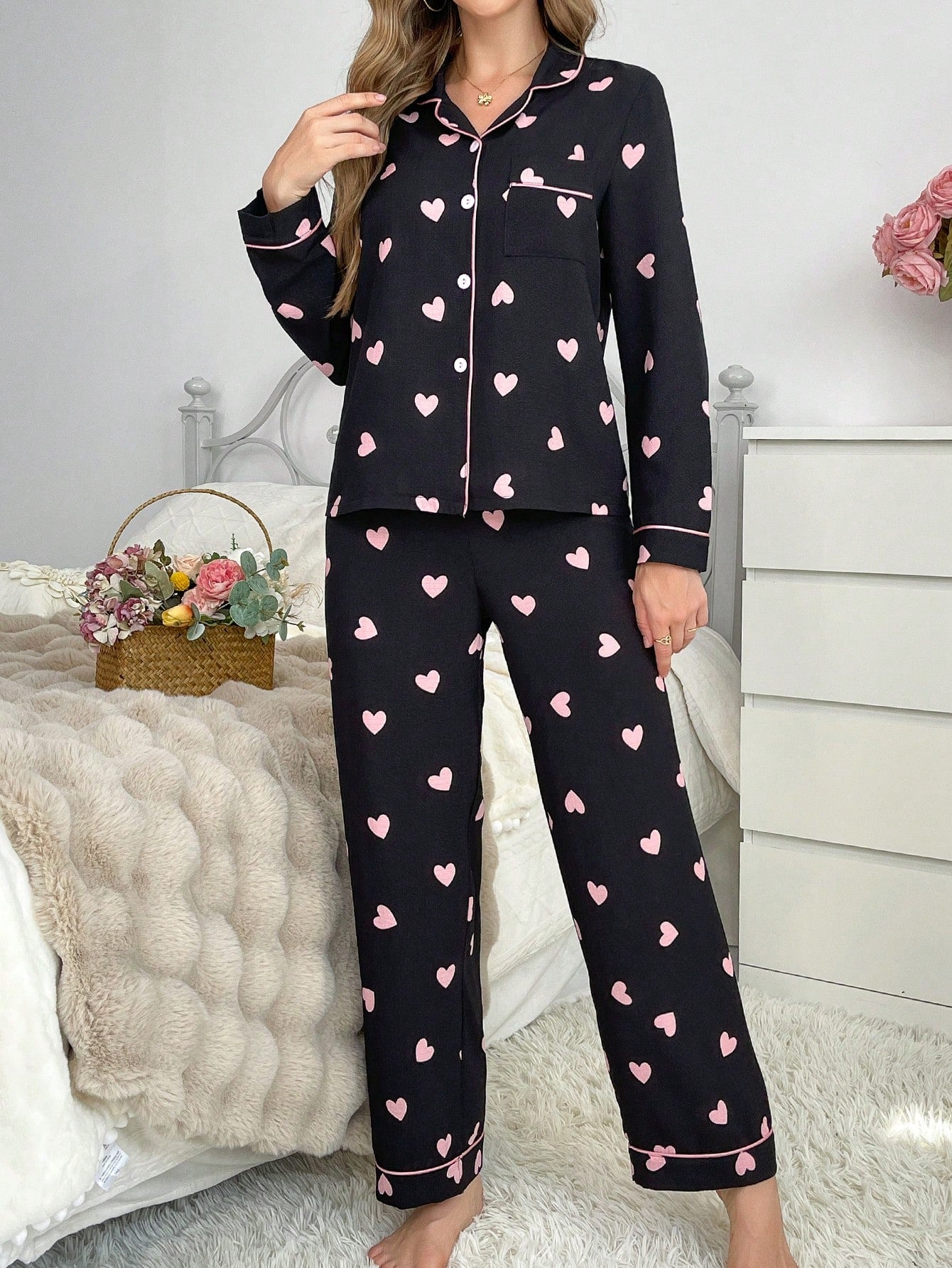 Midnight Love Heart Print Pajama Set