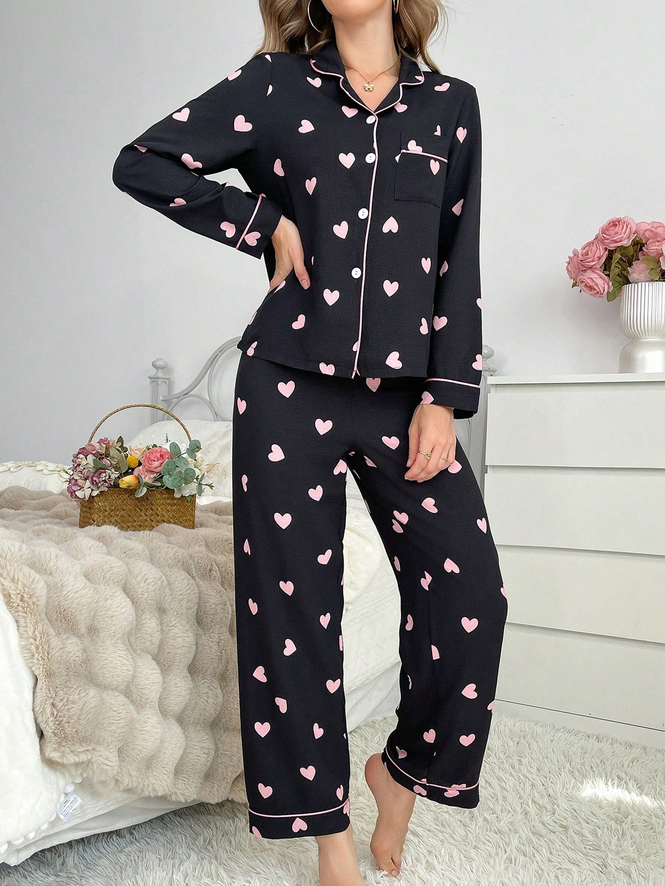 Midnight Love Heart Print Pajama Set