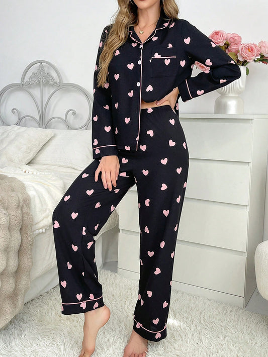 Midnight Love Heart Print Pajama Set