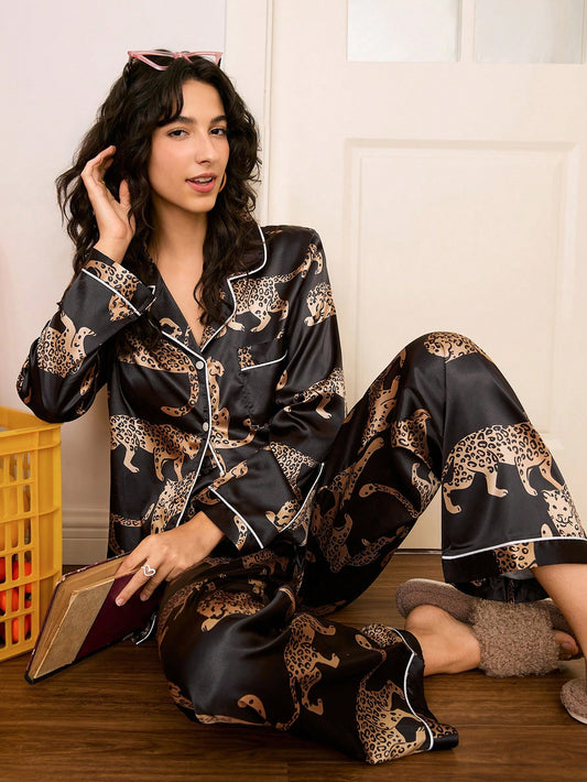 Midnight Leopard Satin Pajama Set