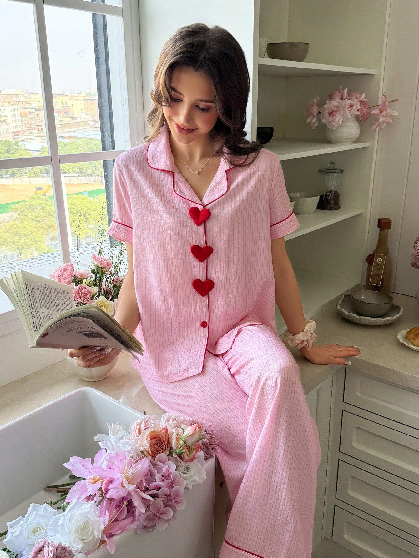 Sweetheart Button Short-Sleeve Pajama Set