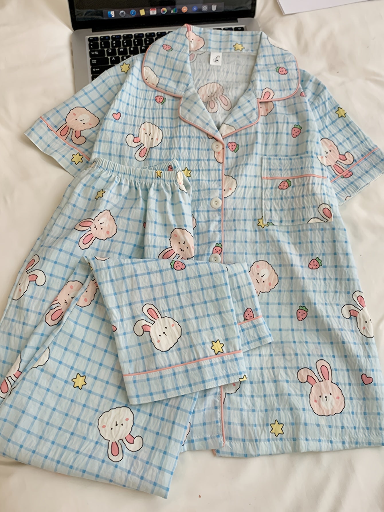 Bunny Bliss 3-Piece Cotton Pajama Set 🐰💙 – Shirt, Shorts & Pants (Copy)