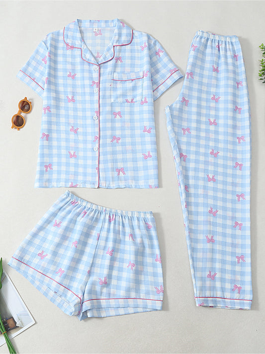 Blue Bow Bliss 3-Piece Pajama Set