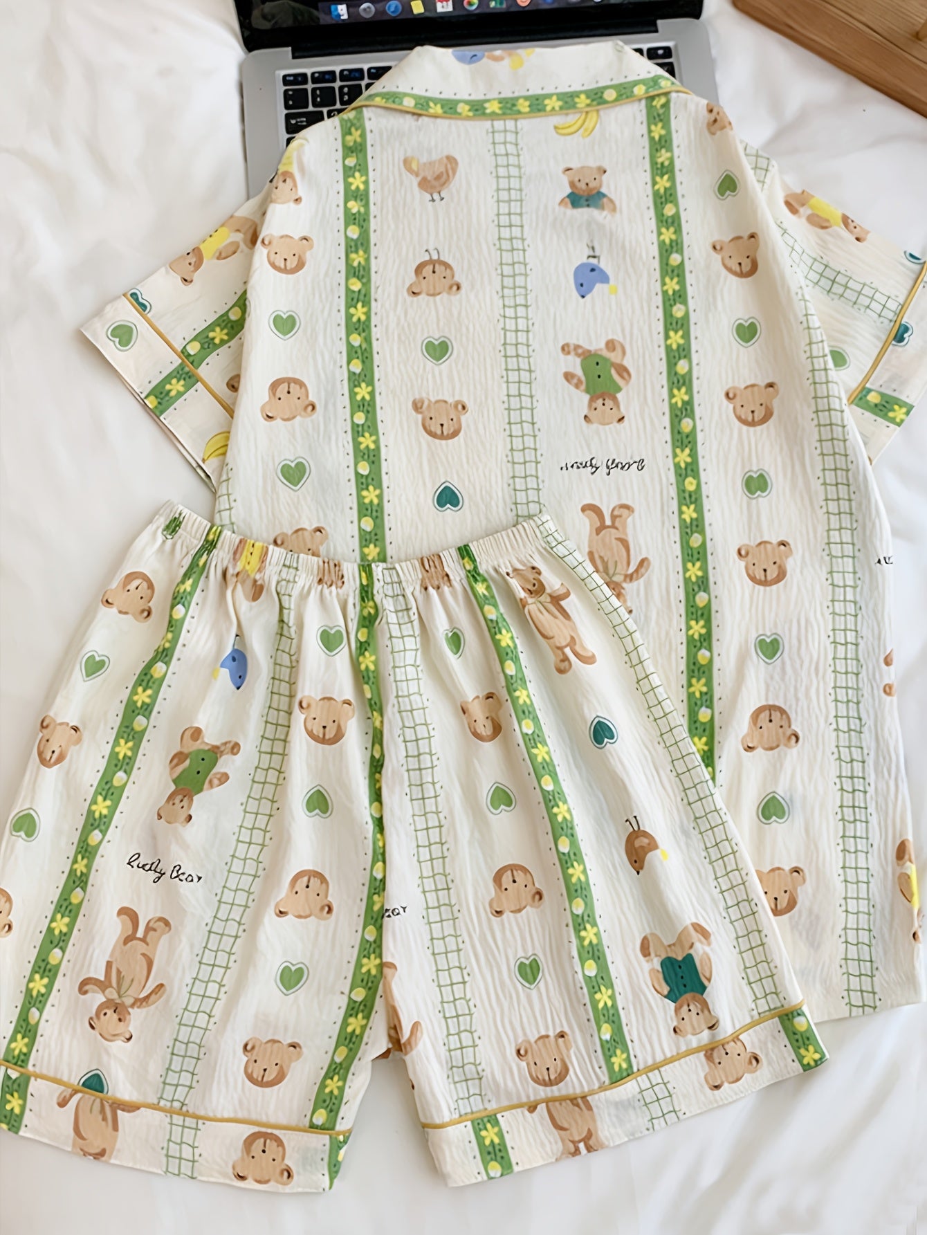 Teddy Bloom 3-Piece Cotton Pajama Set 🧸💚 – Shirt, Shorts & Pants