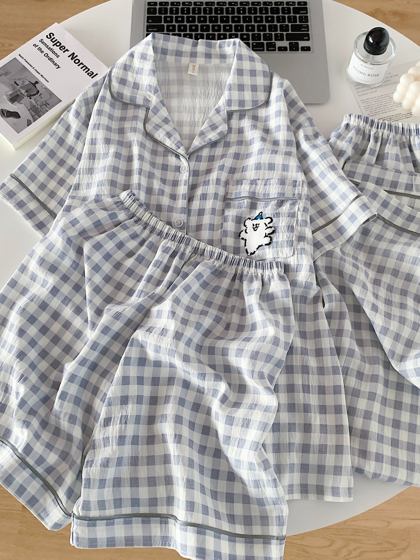 Cloud Check 3-Piece Pajama Set – Shirt, Shorts & Pants