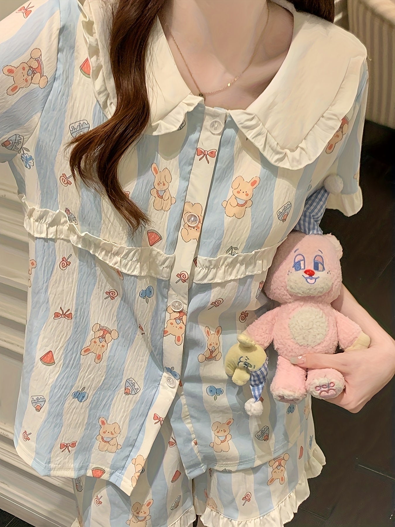 Bunny Stripe Frill 3-Piece Cotton Pajama Set 🐰💙