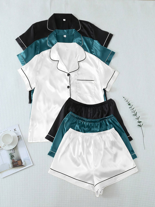 Women’s Satin Pajama Shorts Set – Pack of 3