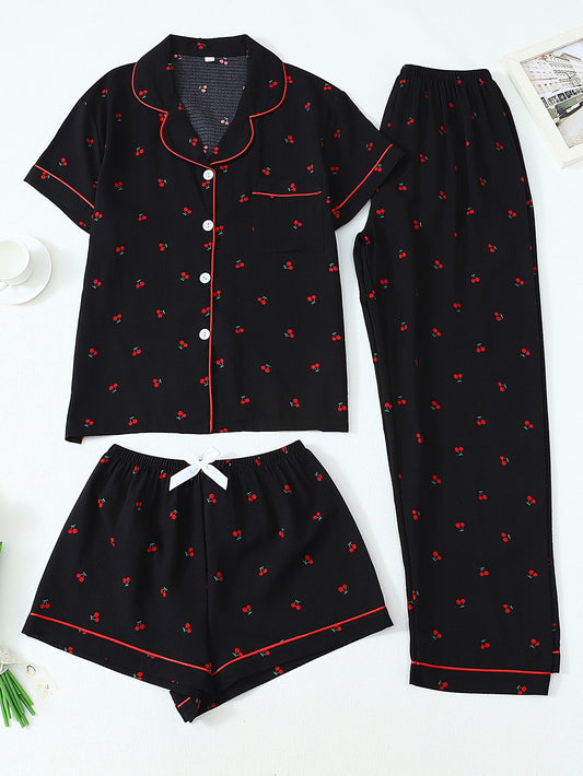 Midnight Cherry 3-Piece Pajama Set – Shirt, Shorts & Pants