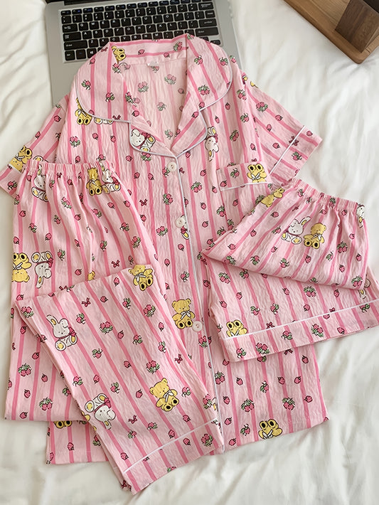 Strawberry Teddy Pink 3-Piece Pajama Set – Shirt, Shorts & Pants