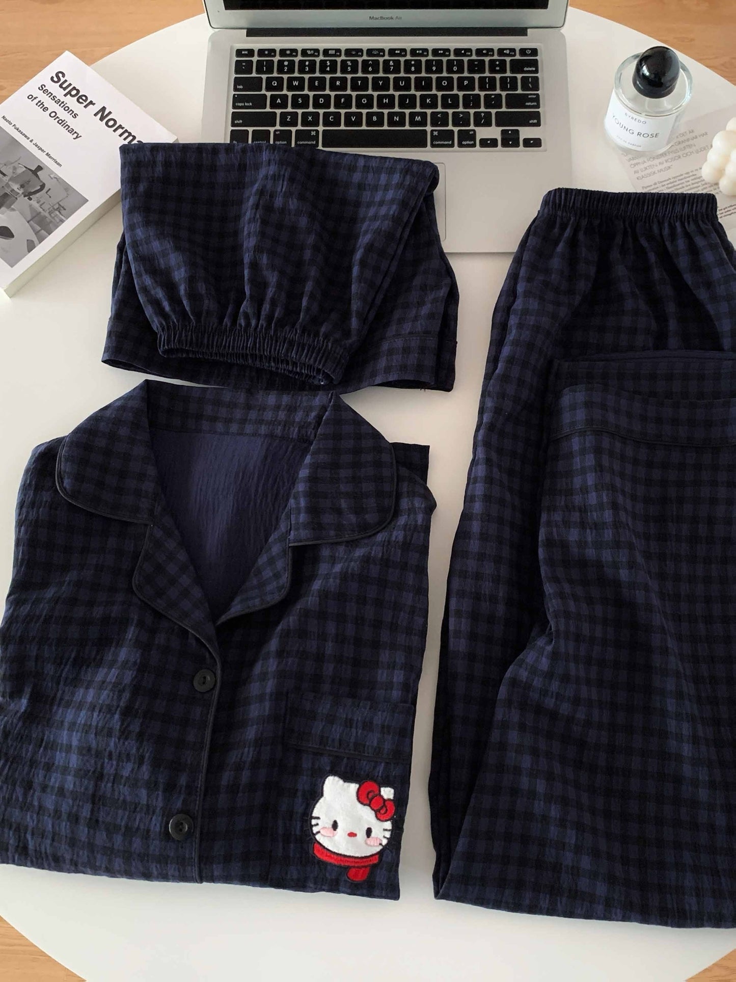 Midnight Kitty Check 3-Piece Pajama Set – Shirt, Shorts & Pants