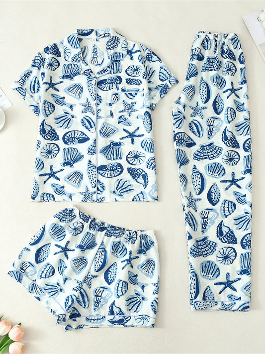 Ocean Shell Bliss 3-Piece Pajama Set – Shirt, Shorts & Pants