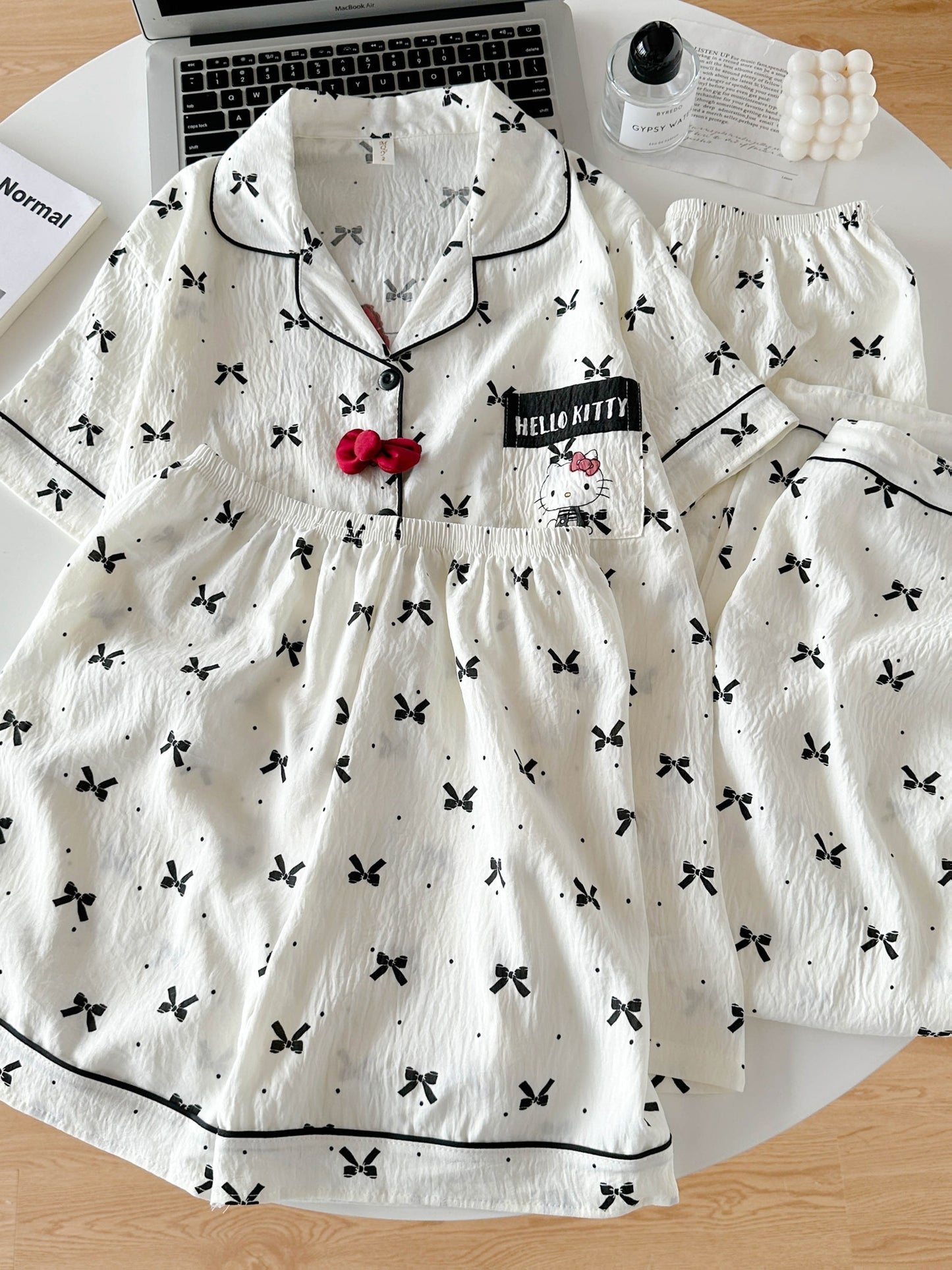 Bow Charm 3-Piece Cotton Pajama Set 🎀✨ – Shirt, Shorts & Pants