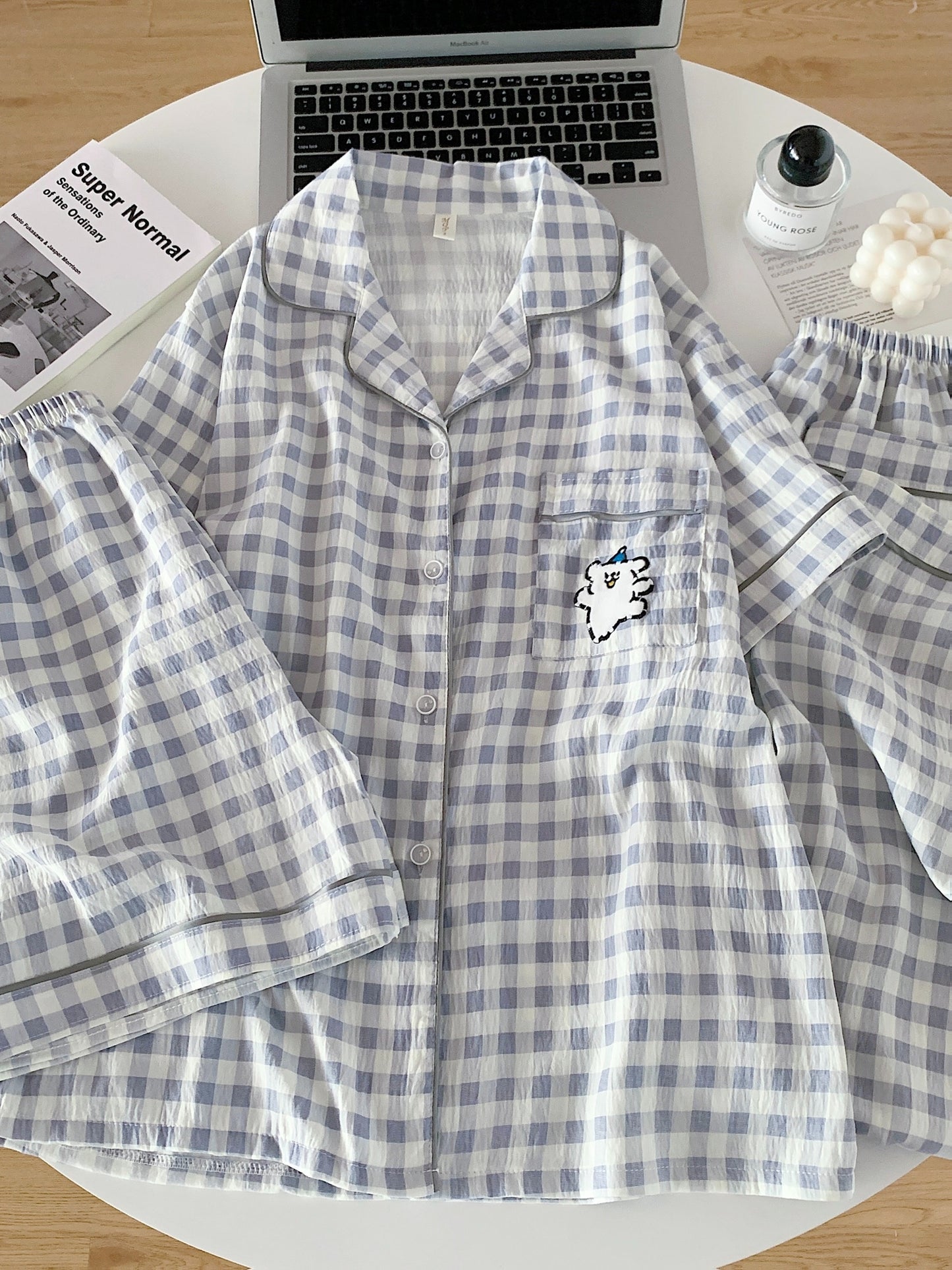 Cloud Check 3-Piece Pajama Set – Shirt, Shorts & Pants