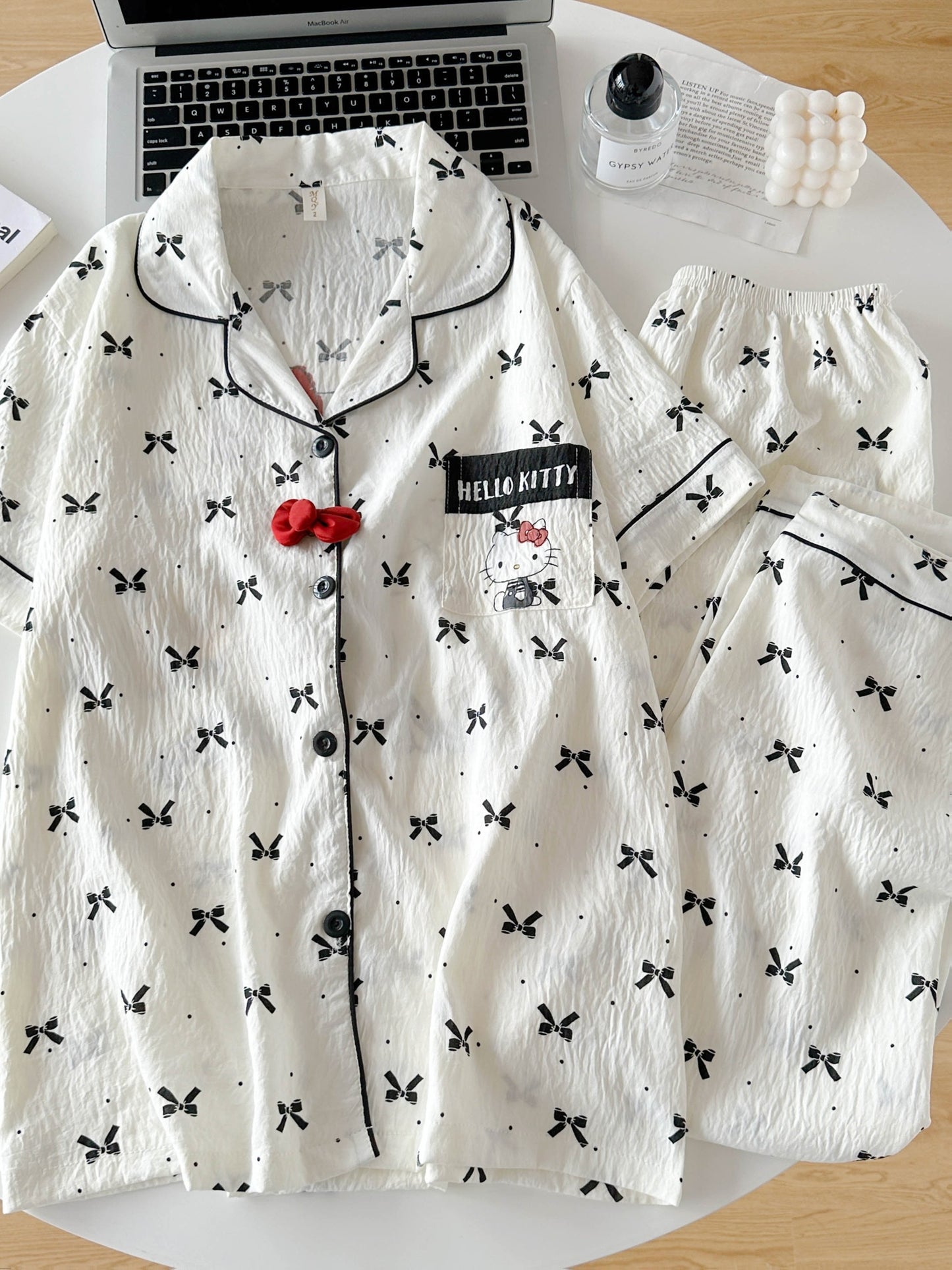 Bow Charm 3-Piece Cotton Pajama Set 🎀✨ – Shirt, Shorts & Pants