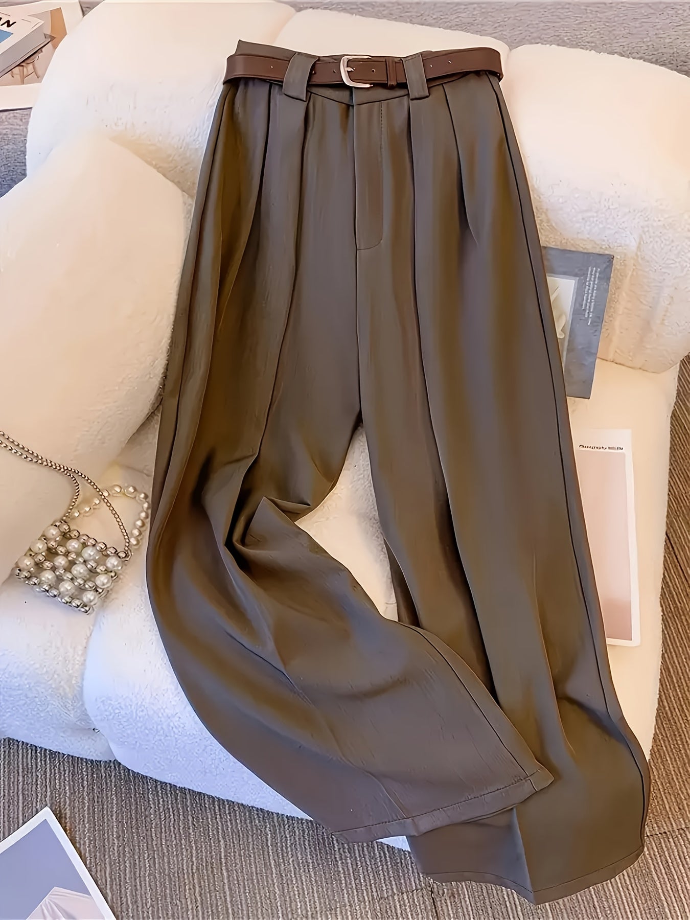 Mocha Luxe Pleated Wide-Leg Pants
