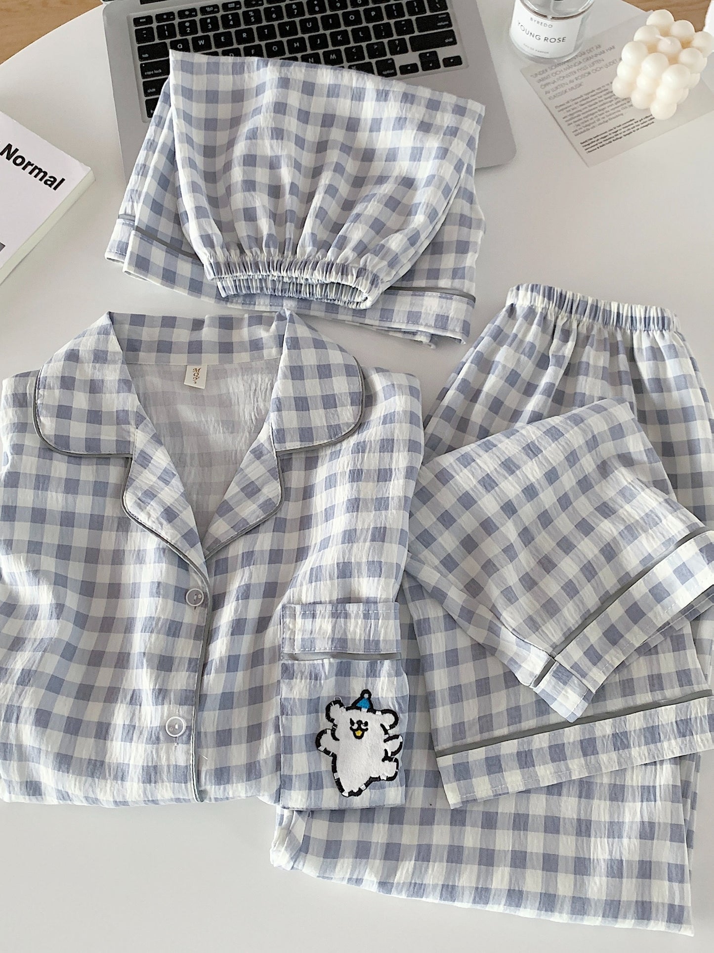 Cloud Check 3-Piece Pajama Set – Shirt, Shorts & Pants