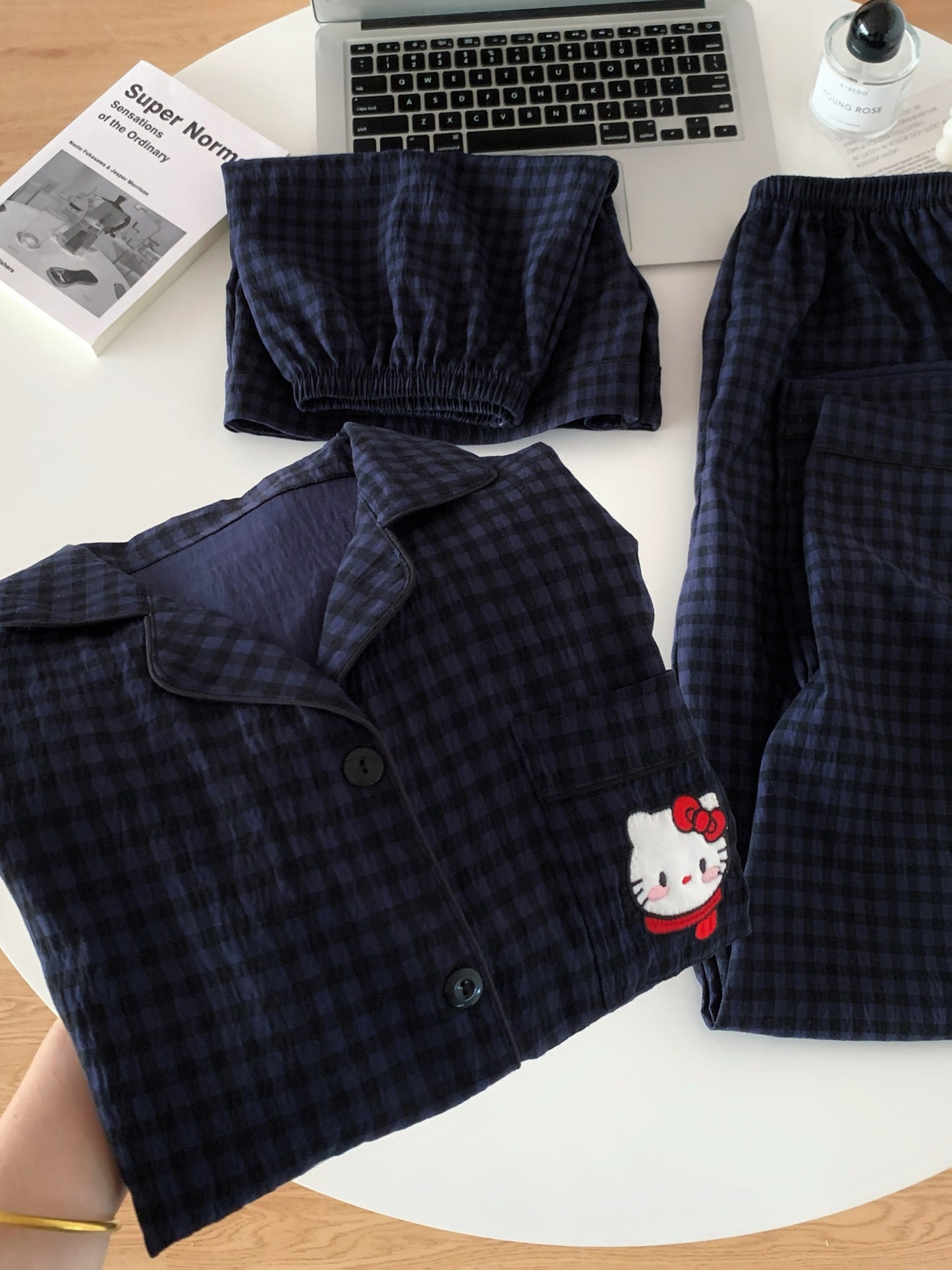 Midnight Kitty Check 3-Piece Pajama Set – Shirt, Shorts & Pants