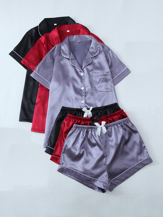 Women’s Satin Pajama Shorts Set – Pack of 3