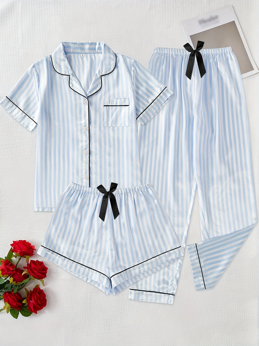 Blue Stripe Luxe 3-Piece Pajama Set 💙✨