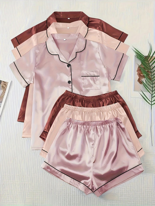 Women’s Satin Pajama Shorts Set – Pack of 3