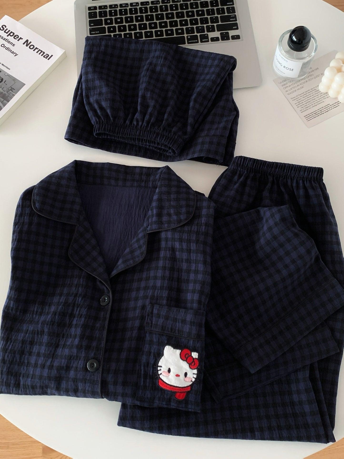 Midnight Kitty Check 3-Piece Pajama Set – Shirt, Shorts & Pants
