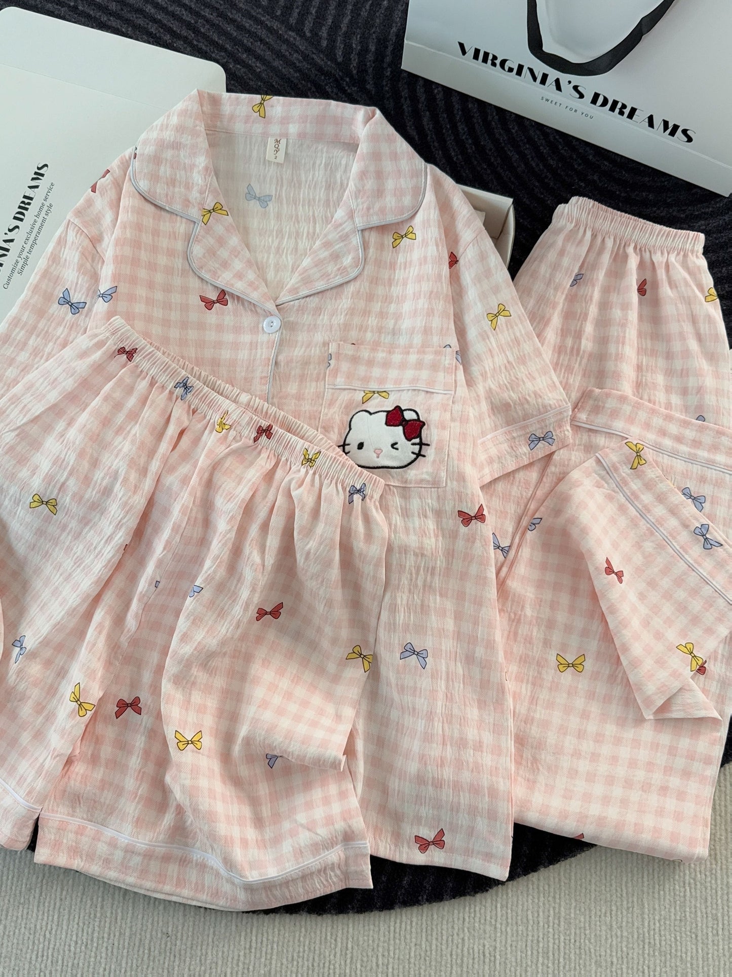 Blush Kitty Bow Check 3-Piece Pajama Set – Shirt, Shorts & Pants