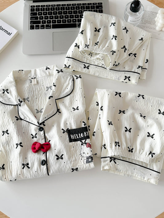 Bow Charm 3-Piece Cotton Pajama Set 🎀✨ – Shirt, Shorts & Pants