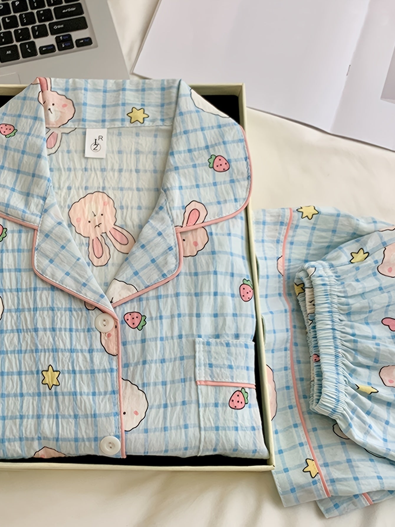 Bunny Bliss 3-Piece Cotton Pajama Set 🐰💙 – Shirt, Shorts & Pants (Copy)