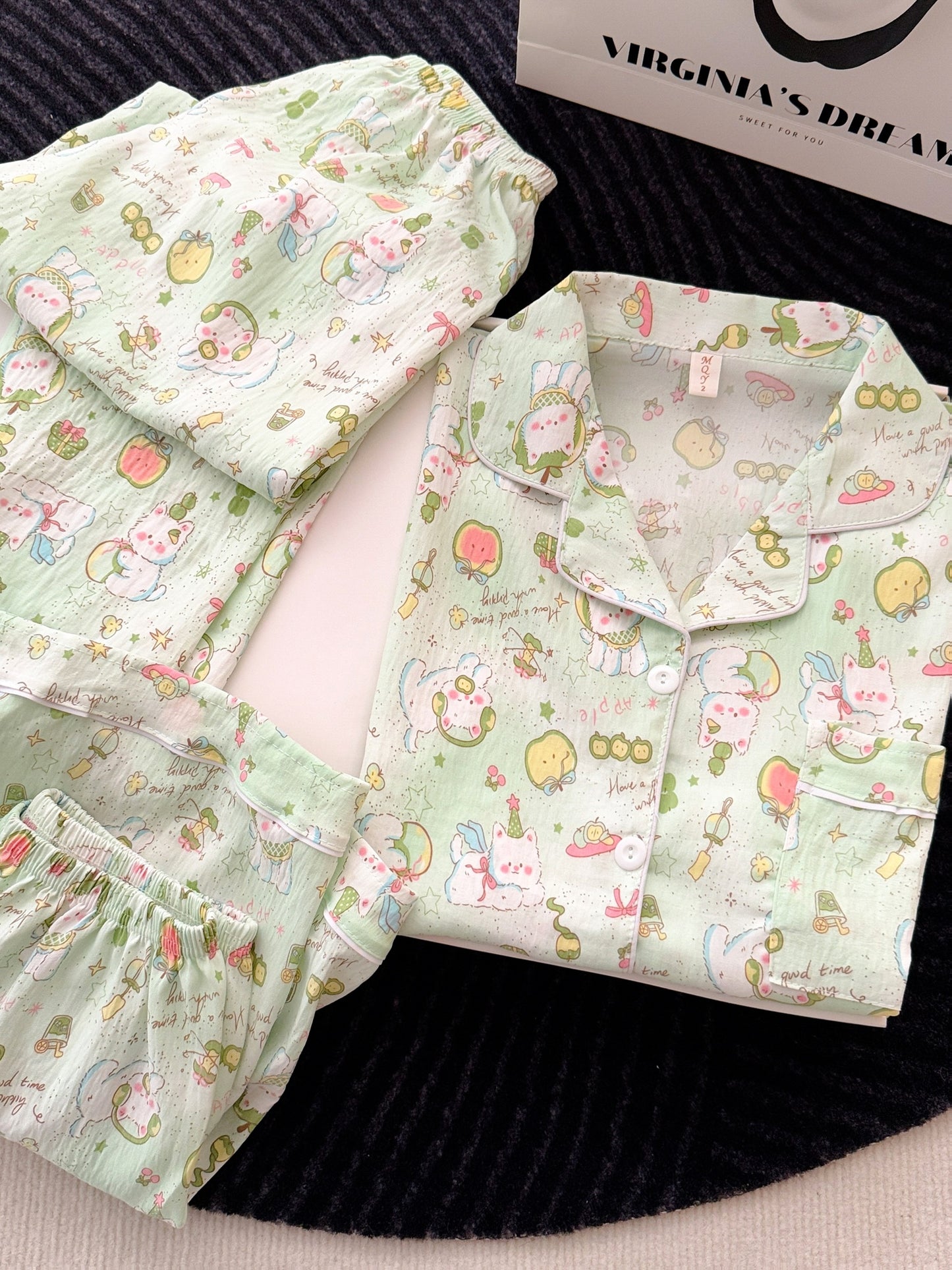 Minty Magic Cartoon 3-Piece Pajama Set – Shirt, Shorts & Pants