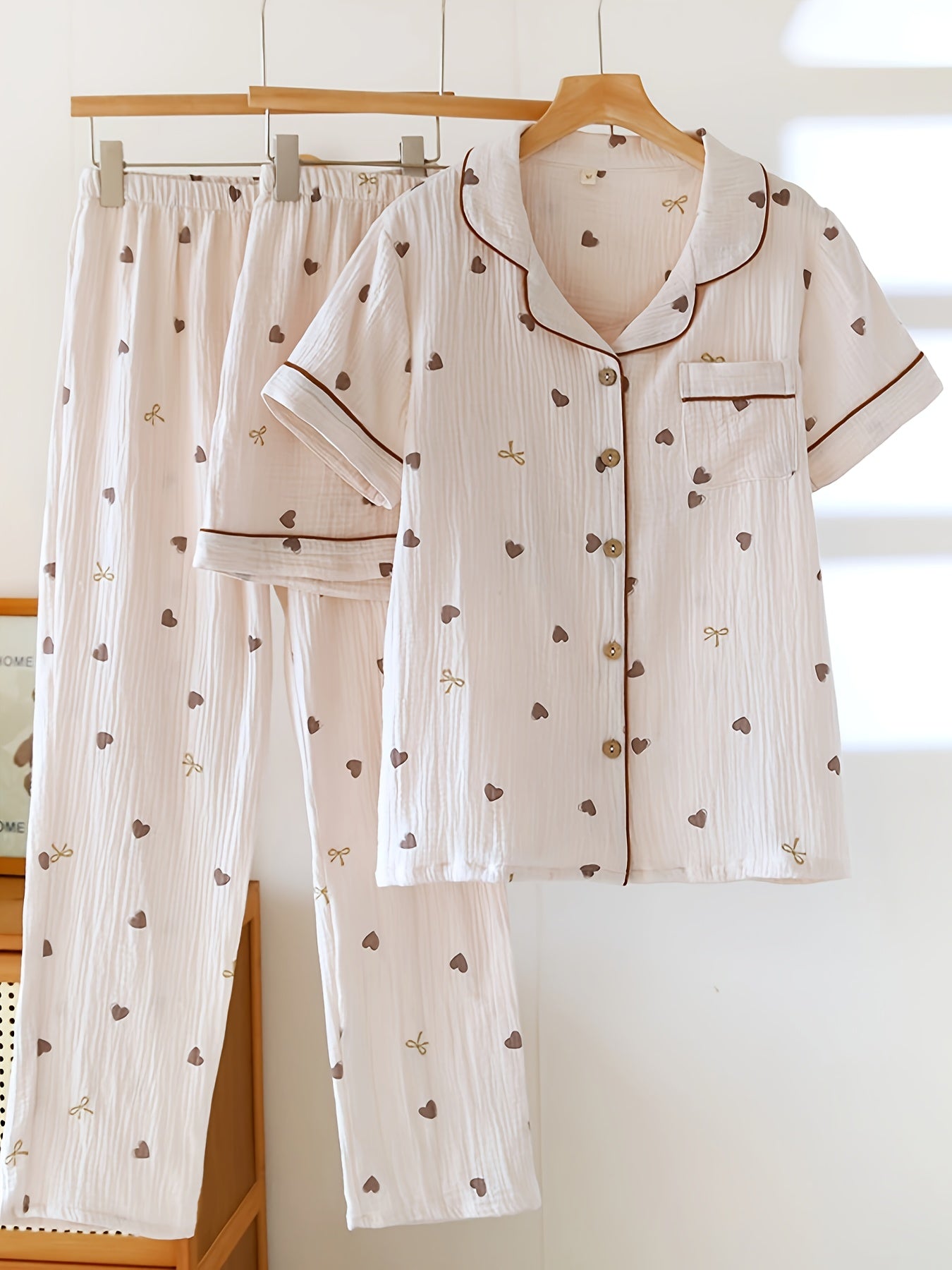 Mocha Hearts 3-Piece Cotton Pajama Set 🤎✨ – Shirt, Shorts & Pants