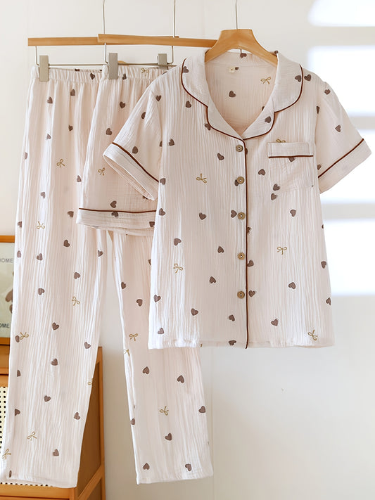 Mocha Hearts 3-Piece Cotton Pajama Set 🤎✨ – Shirt, Shorts & Pants