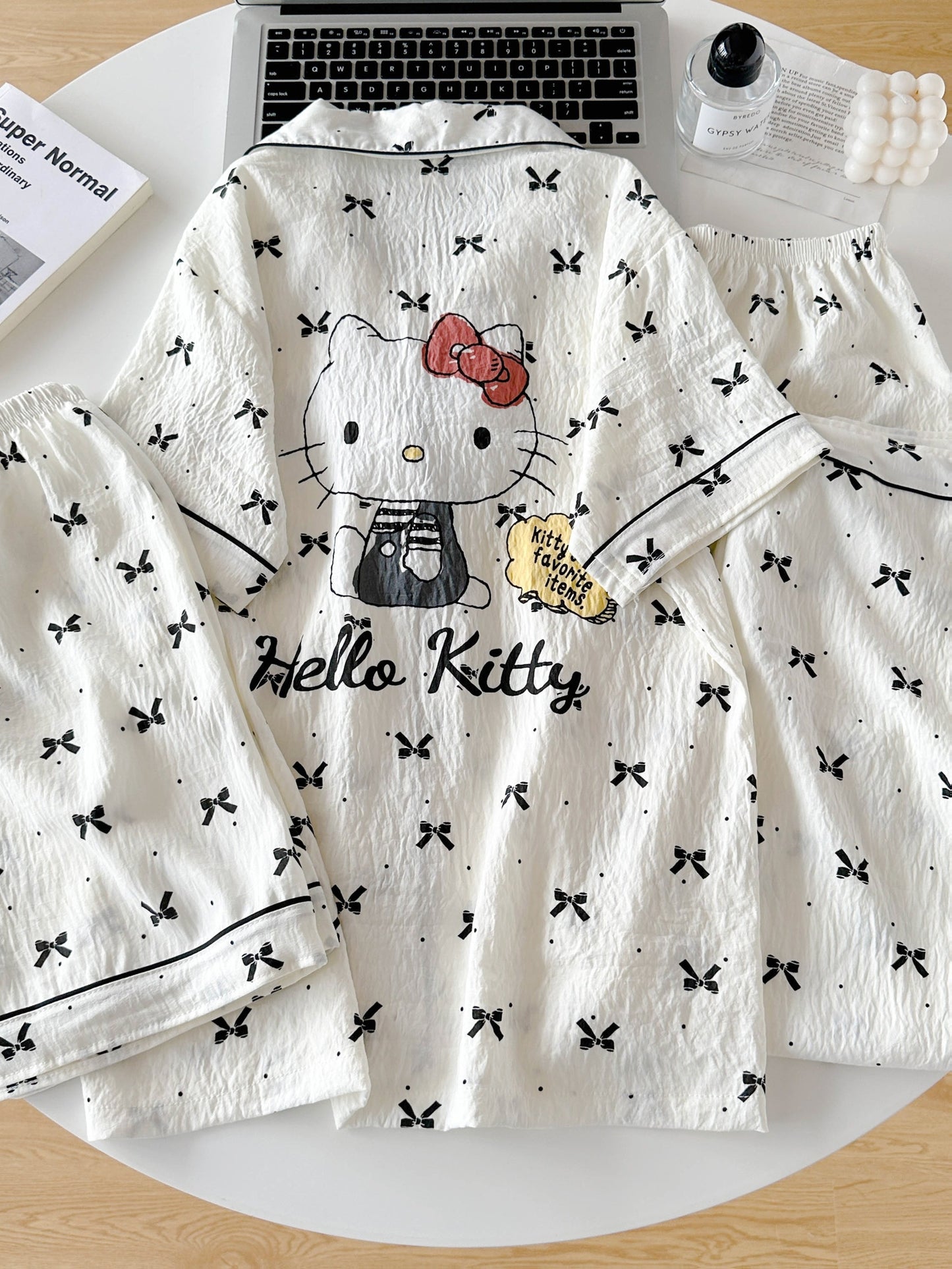 Bow Charm 3-Piece Cotton Pajama Set 🎀✨ – Shirt, Shorts & Pants
